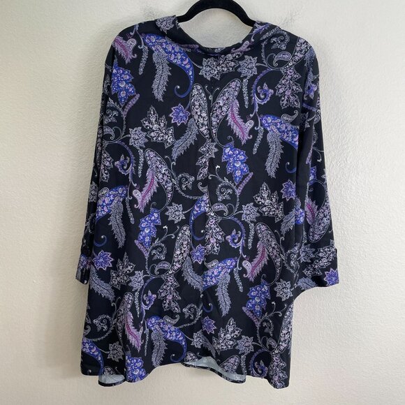 Catherines Womens Plus 3X Blouse Purple Black Floral Roll Tab Sleeve Shirt Top - Picture 10 of 11